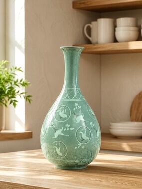 Vintage Korean Celadon Inlaid Flying Thousand Crane & Cloud Jubyeong Bottle Vase